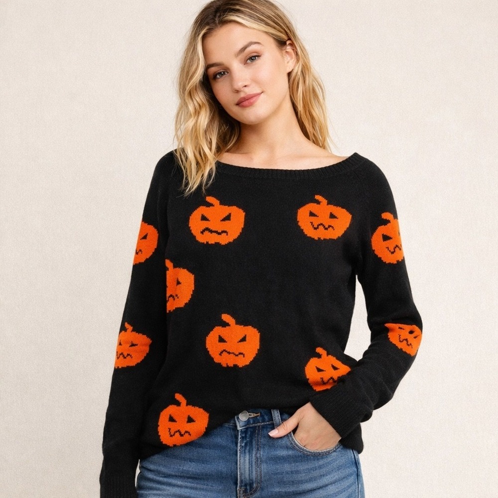SHEIN Black Orange Jack O Lantern Pumpkin Sweater Long Sleeve Women's size Small